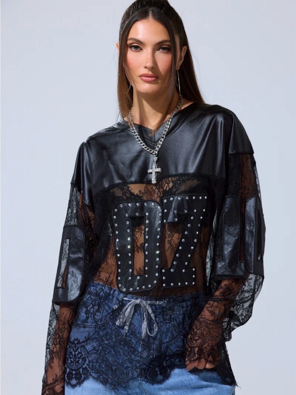 AKIRA Black Lace and Faux-Leather Studded Logo Top - Black